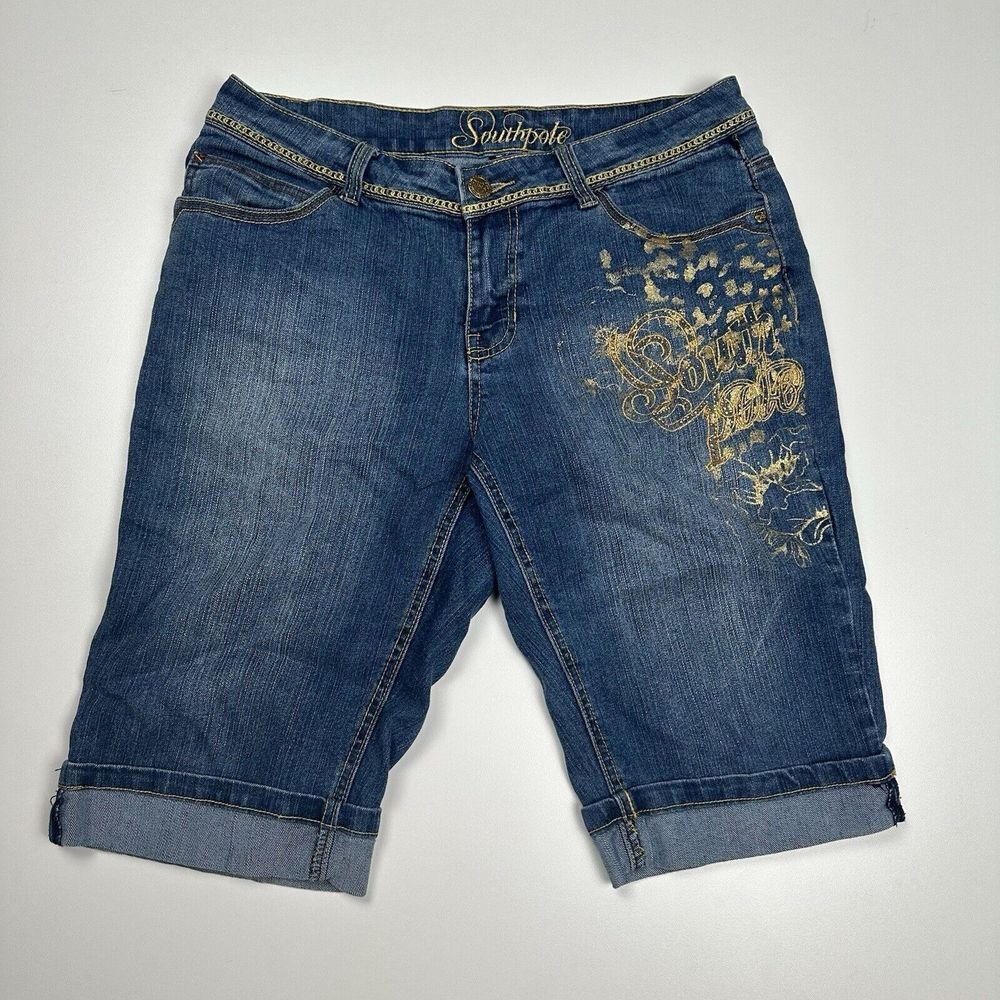Womens Southpole Shorts Y2K Embroidery Bedazzled Bootcut Jorts Size 14‎